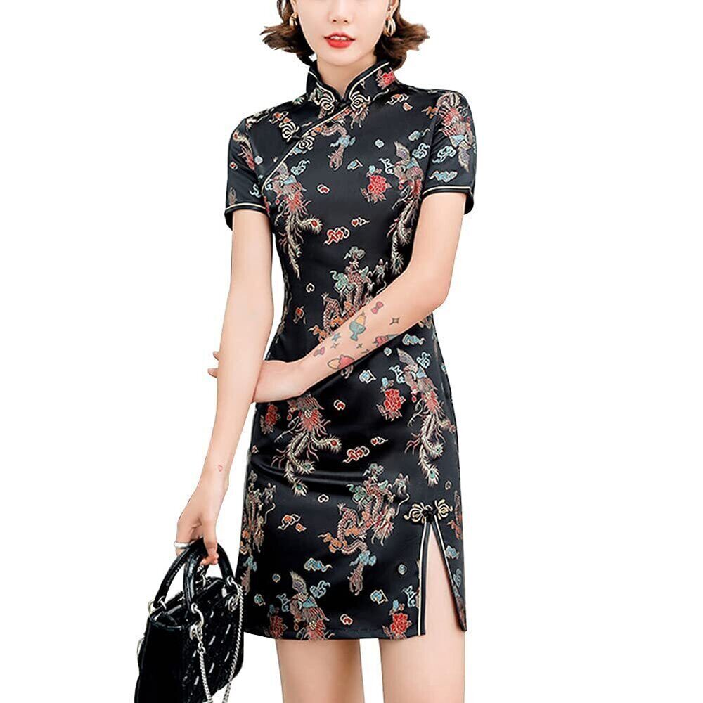 6564 Cheongsam Costume Short Sleeve Print High Slit Side Traditional